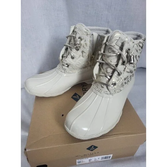 NEW Sperry Saltwater Metallic Jacquard Duck Boot Womens Size 7 Cream Booties NIB - Picture 6 of 10